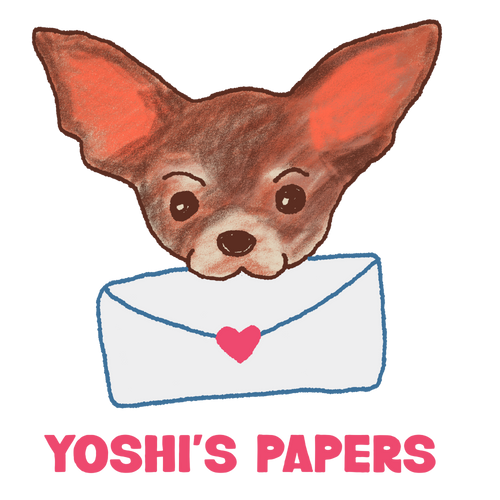 A hand-drawn illustration of a chihuahua peeking over a white envelope with a pink heart, above the text 'YOSHI'S PAPERS' in pink. The artwork is on a plain white background.