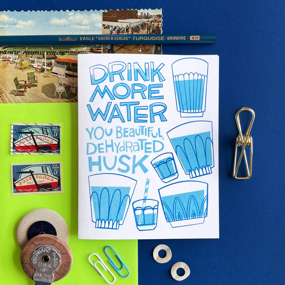 Drink More Water! - Fun Risograph Greeting Card